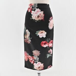 ZARA Skirt Size S Black Pink‎ Multi Floral Print Midi Straight Pencil Stretch